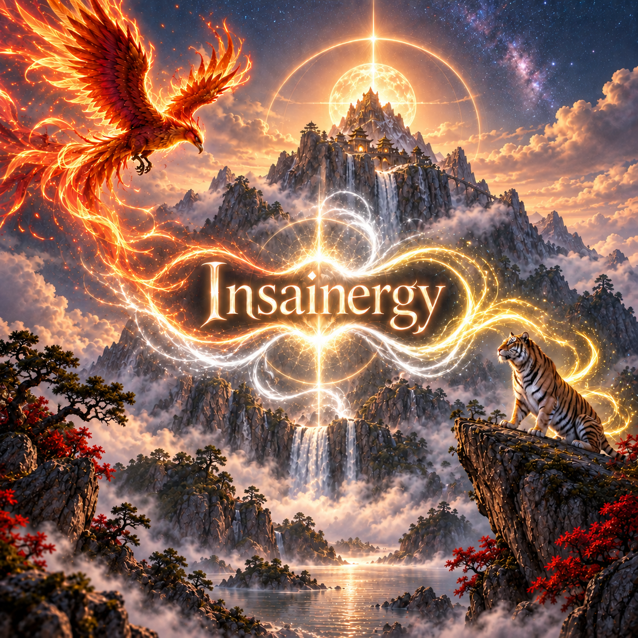 A fiery phoenix and white tiger overlooking the luminous realm of Insainergy
